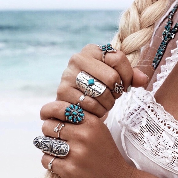 9 Vintage Turkish Turquoise Silver Boho Midi Rings - Picture 7 of 7